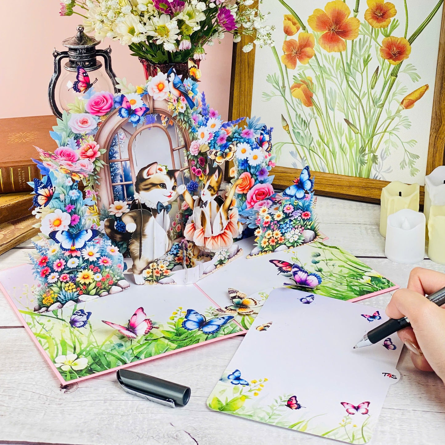 Dancing Cats Pop Up Card – 3D Ballerina Kittens in Magical Garden with Flowers and Butterflies – Whimsical Birthday, Valentine, or Just Because Greeting Card for Her, Cat Lovers, Kids