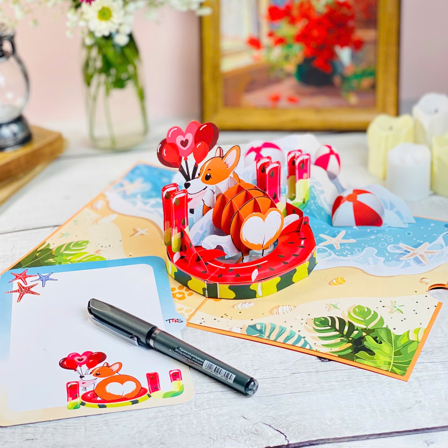 Corgi Beach Pop Up Card – Funny 3D Dog in Heart Floatie with Balloons and Waves – Cute Birthday, Valentine, Just Because Greeting Card for Dog Lovers, Her, Girlfriend, Kids, Animal Fans