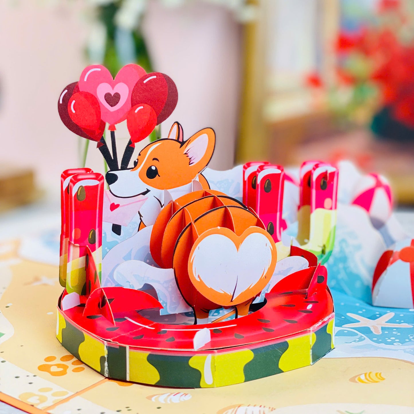Corgi Beach Pop Up Card – Funny 3D Dog in Heart Floatie with Balloons and Waves – Cute Birthday, Valentine, Just Because Greeting Card for Dog Lovers, Her, Girlfriend, Kids, Animal Fans