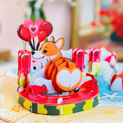Corgi Beach Pop Up Card – Funny 3D Dog in Heart Floatie with Balloons and Waves – Cute Birthday, Valentine, Just Because Greeting Card for Dog Lovers, Her, Girlfriend, Kids, Animal Fans