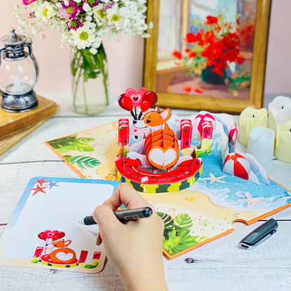 Corgi Beach Pop Up Card – Funny 3D Dog in Heart Floatie with Balloons and Waves – Cute Birthday, Valentine, Just Because Greeting Card for Dog Lovers, Her, Girlfriend, Kids, Animal Fans