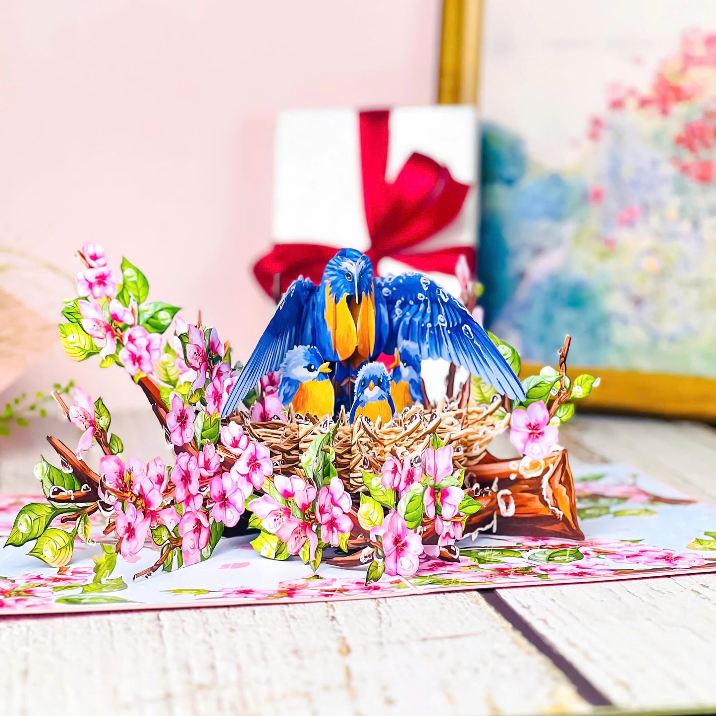 Mother Bird Pop Up Card – 3D Bluebird Nest with Baby Birds and Pink Blossoms – Heartwarming Mother’s Day, Birthday, Thank You Greeting Card for Mom, Grandma, Wife, Her, Nature Lovers