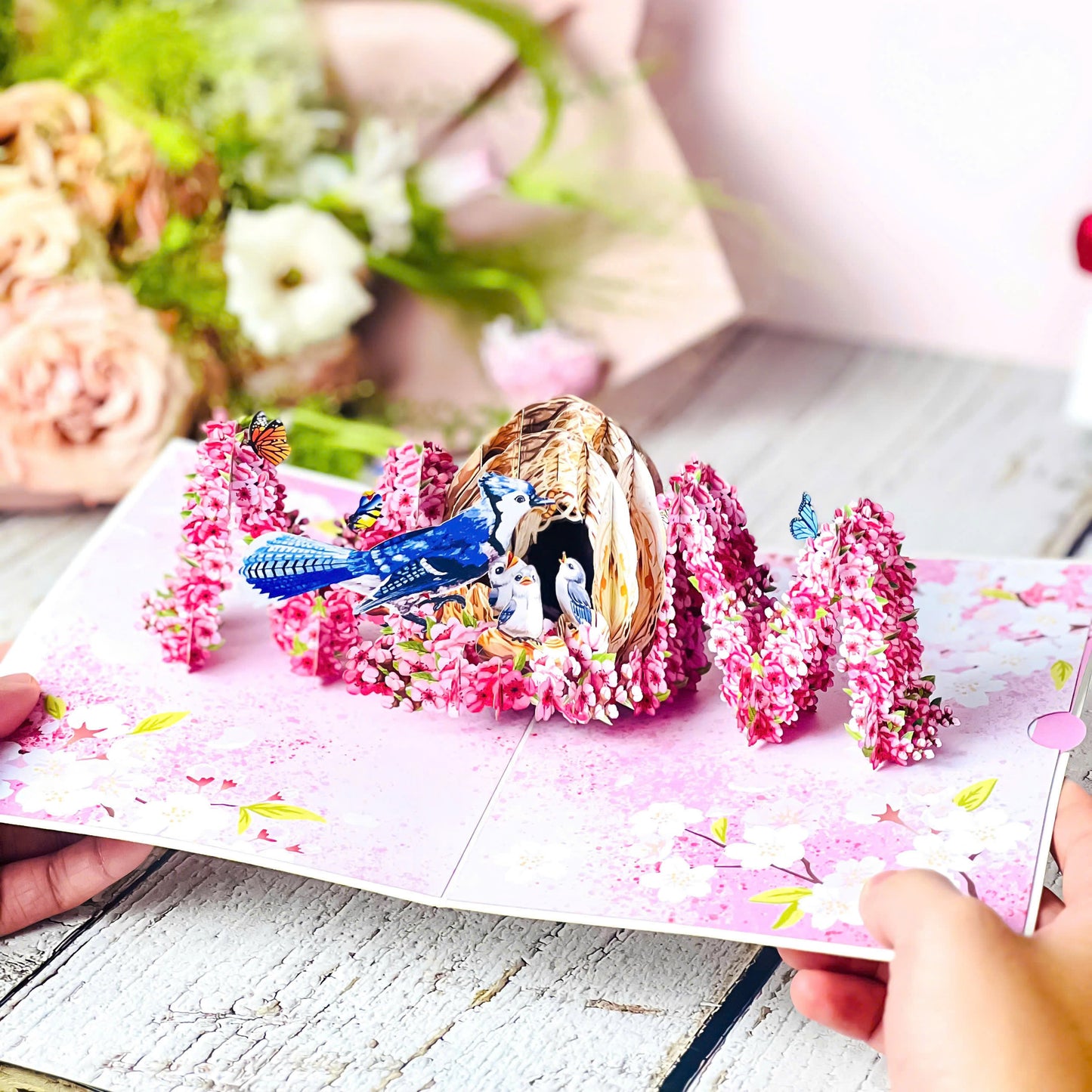 MOM Bird Nest Pop Up Card – 3D Bluebird Feeding Nestlings Surrounded by Cherry Blossoms – Beautiful Mother’s Day, Birthday, Thank You Greeting Card for Mom, Grandma, Wife, or Her