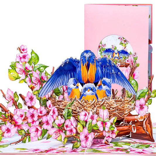 Mother Bird Pop Up Card – 3D Bluebird Nest with Baby Birds and Pink Blossoms – Heartwarming Mother’s Day, Birthday, Thank You Greeting Card for Mom, Grandma, Wife, Her, Nature Lovers