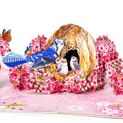 MOM Bird Nest Pop Up Card – 3D Bluebird Feeding Nestlings Surrounded by Cherry Blossoms – Beautiful Mother’s Day, Birthday, Thank You Greeting Card for Mom, Grandma, Wife, or Her