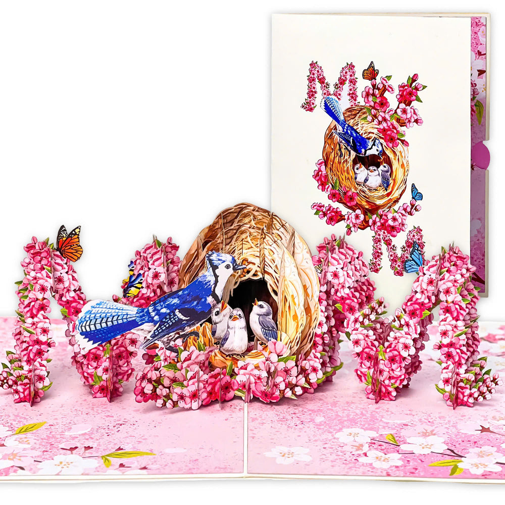 MOM Bird Nest Pop Up Card – 3D Bluebird Feeding Nestlings Surrounded by Cherry Blossoms – Beautiful Mother’s Day, Birthday, Thank You Greeting Card for Mom, Grandma, Wife, or Her
