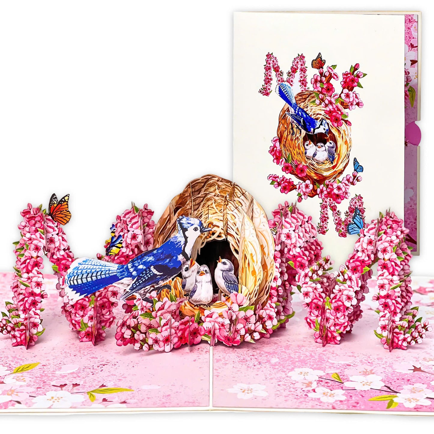 MOM Bird Nest Pop Up Card – 3D Bluebird Feeding Nestlings Surrounded by Cherry Blossoms – Beautiful Mother’s Day, Birthday, Thank You Greeting Card for Mom, Grandma, Wife, or Her